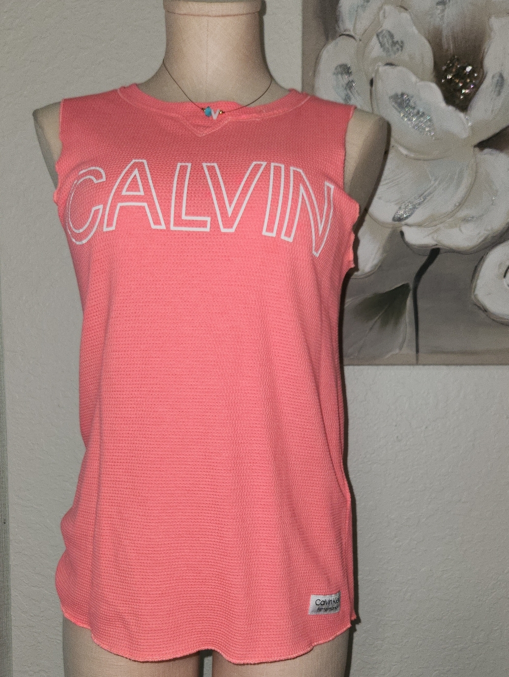 Calvin Klein Coral Sleeveless Waffle Knit Tank with Logo